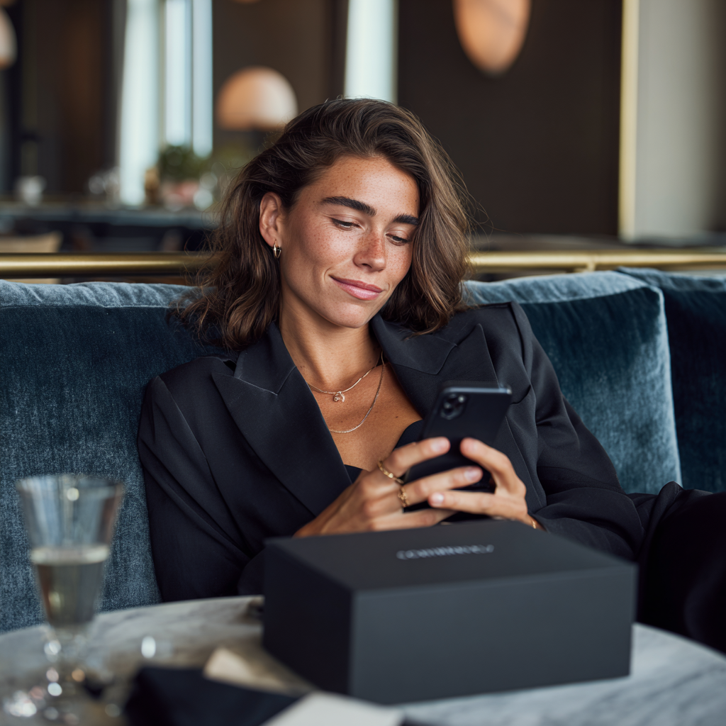 Mulher elegante com look curado pela Conci